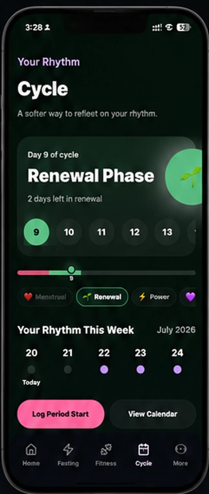 Eqa’a cycle tracking screen showing the Renewal phase and weekly rhythm