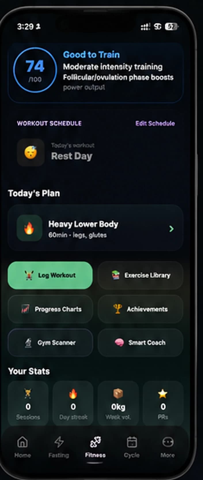 Eqa’a fitness dashboard showing a readiness score and today's workout plan